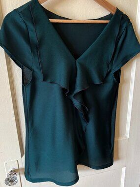 Meadow Rue Anthropologie Forest Green Ruffle V-Neck Top M